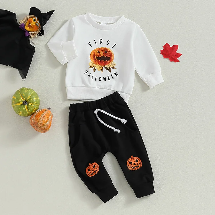 2pcs Baby Boy Hallowen Pumpkin Print Long Sleeve Tops and Pants Set