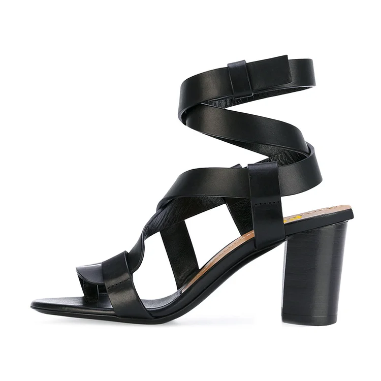 Black Strappy Sandals Toe-knob Block Heels |FSJ Shoes