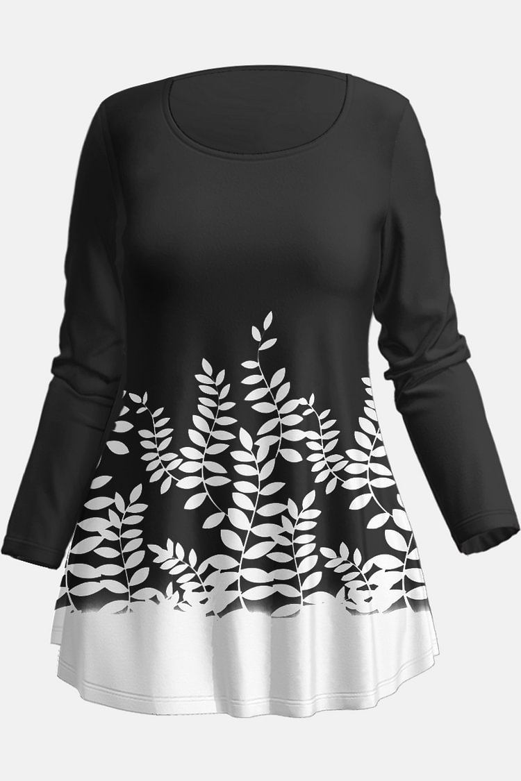 Flycurvy Plus Size Casual Black Ombre Leaves Print T-Shirt  flycurvy [product_label]