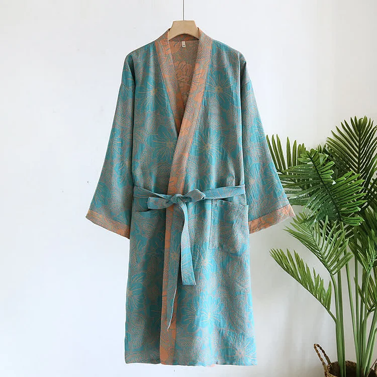 Cotton Gauze Jacquard Vintage Floral Bathrobe Radinnoo.com