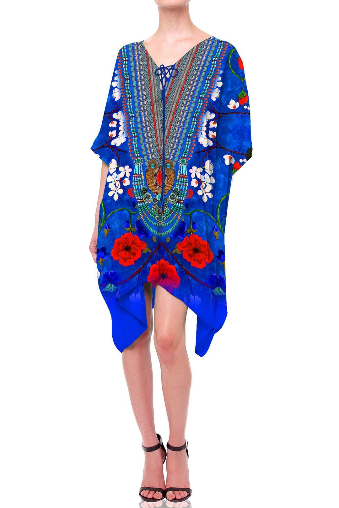 Flower print short caftan dress in Blue