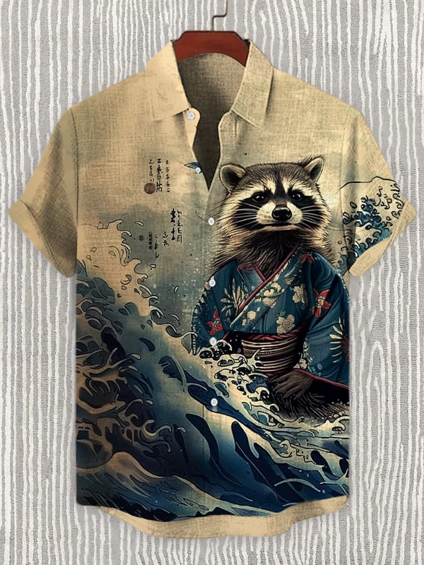 Men's Kimono Raccoon Waves Japanese Art Print Linen Blend Shirt
