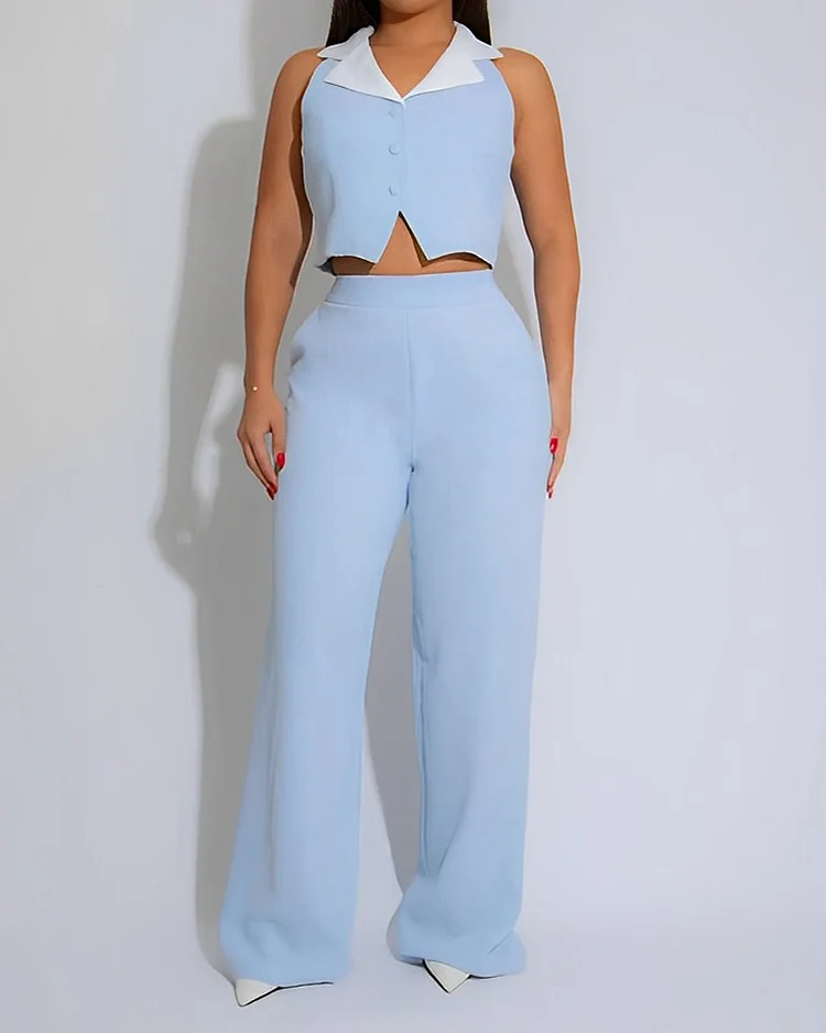 Patchwork Contrast Color Top Casual Loose Trousers Two-piece Set