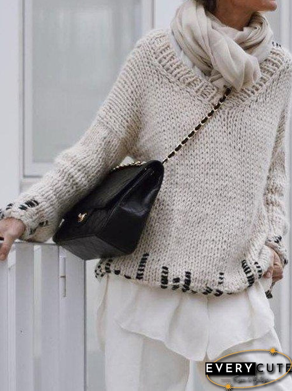 Casual V Neck Long Sleeve Sweater