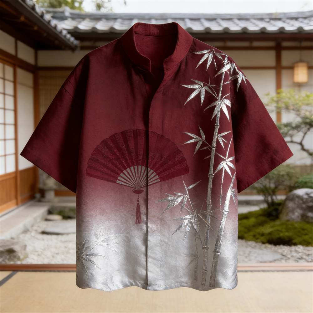 Japanese Bamboo Art Men's Linen Short Sleeve Shirt  artssus