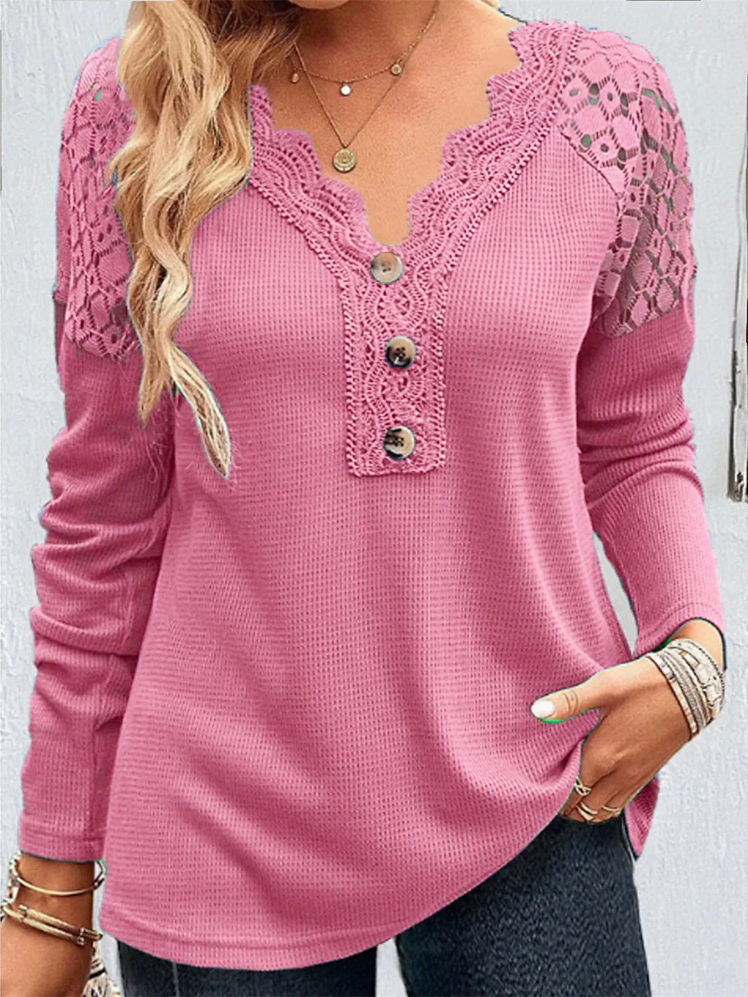 Women Long Sleeve V-neck Solid Lace Button Tops