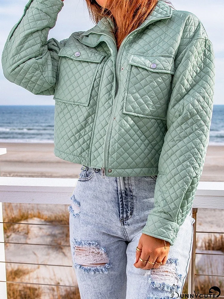 Green Quilted Zip-up Cropped Jacket with Chic Pockets