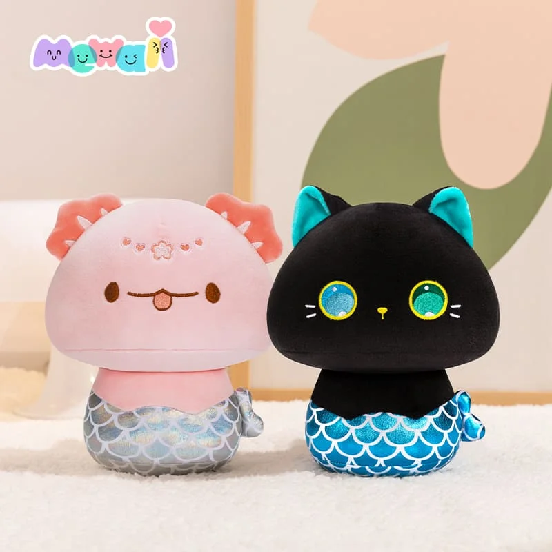 2-Pack Mewaii® Mushroom Family Mermaid Cat & Mermaid Axolotl Kawaii Plush Pillow Squish Toy