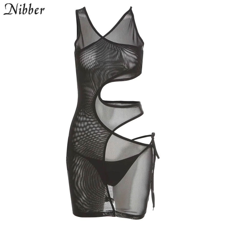 NIBBER Sexy Black Mesh See Through Hollow Dresses For Women's  Bodycon Mini Dress With Clubwear Clothing 2021 Summer New Outfits