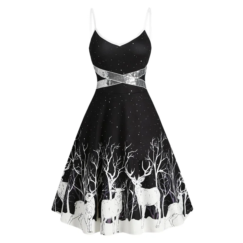 Elk Print Women Dress  N Neck Spaghetti Strap Backless Ladies Dress  Summer Sleeveless Ankle Length Female Dress