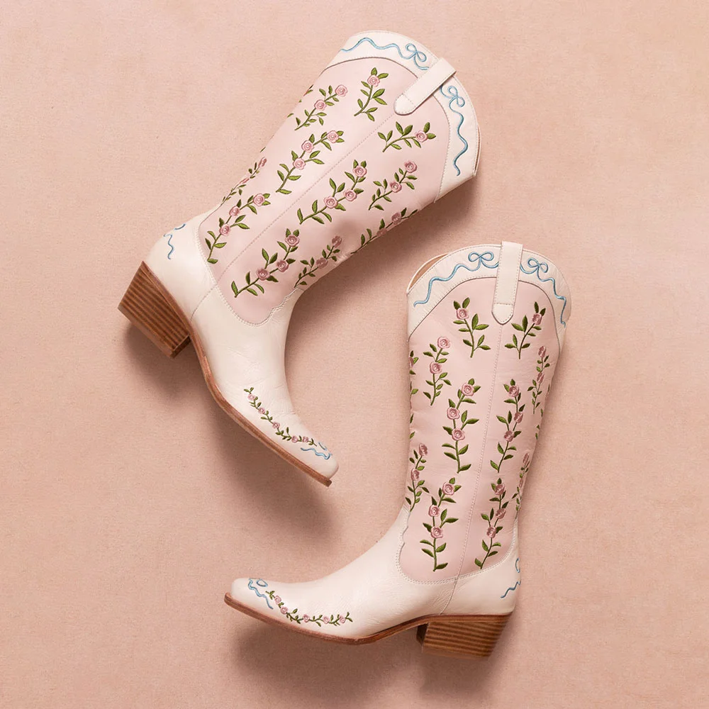 Light Pink & Ivory Flower Embroidered Stacked Heel Cowgirl Boots