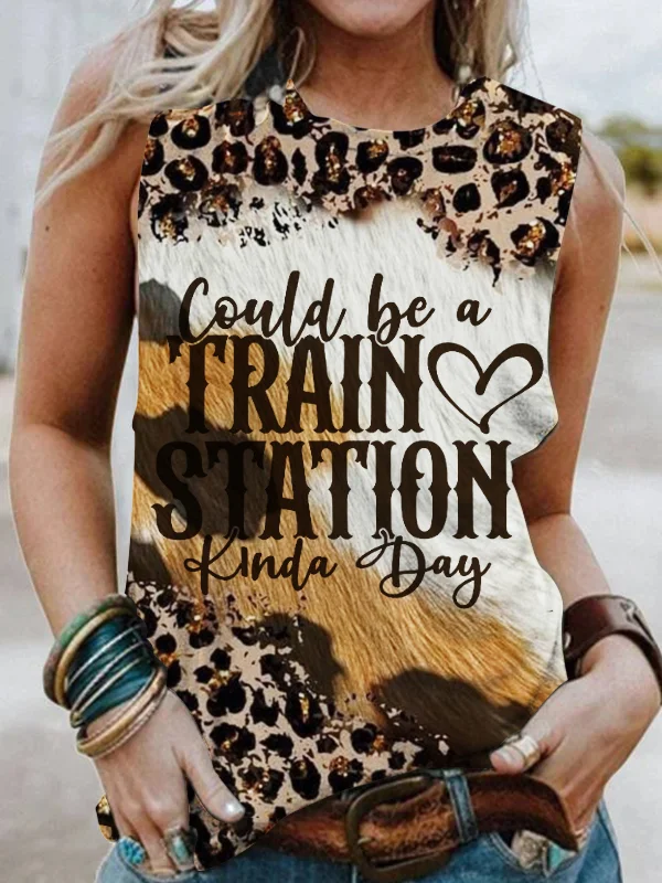 Western Train Station Leopard Round Neck Tank Top