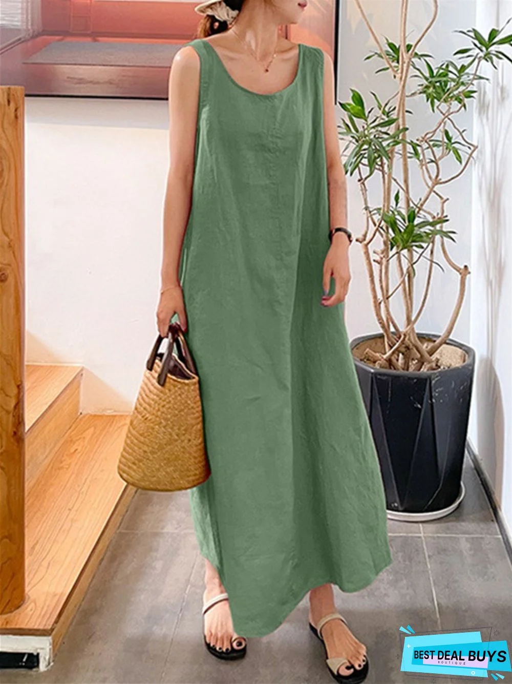 Long Suspender Cotton Linen Simple Style Loose Pocket Round Neck Temperament Sleeveless Dress