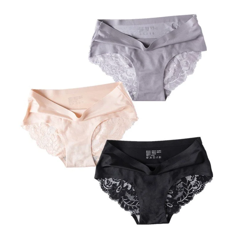 3 Pcs/Set Sexy Seamless Panties Women Lace Underwear Briefs Low Rise Ladies Silk Plus Size Solid Soft Transparent Panty Lingerie