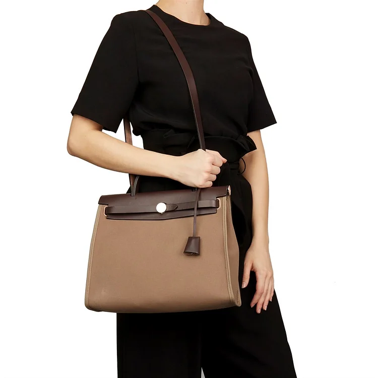 ♥ HERMES Herbag Zip size 31 - Etoupe Canvas with Ebony Cowhide