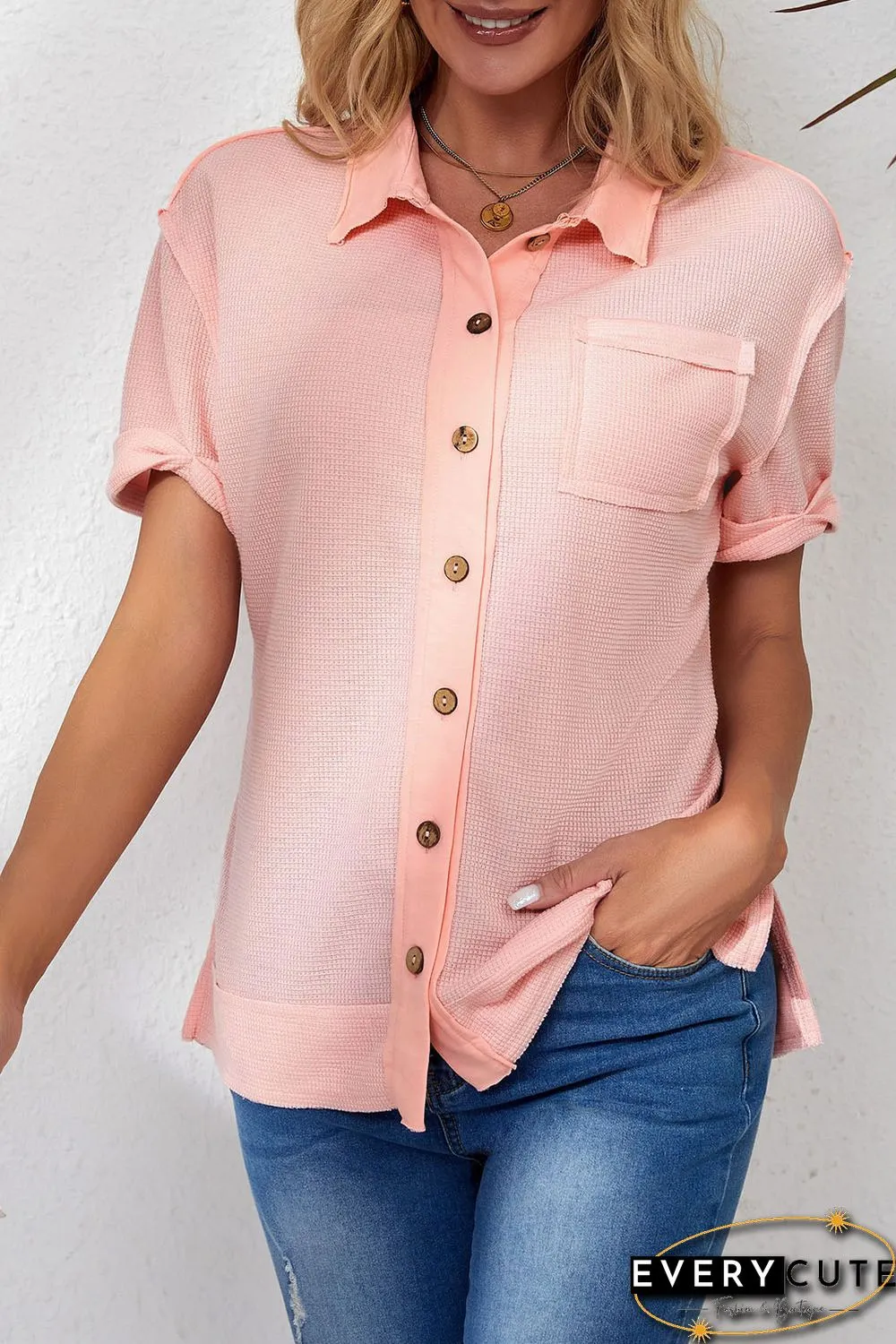 Pink Acid Wash Waffle Knit Short Sleeve Buttoned Shirt