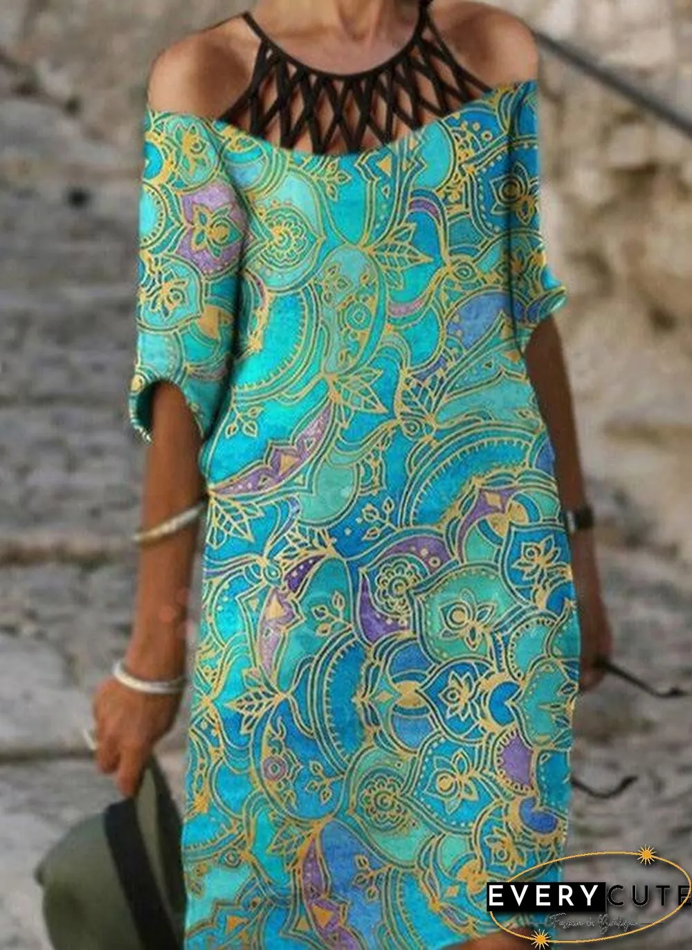 Halter Open Shoulder Printed Dress