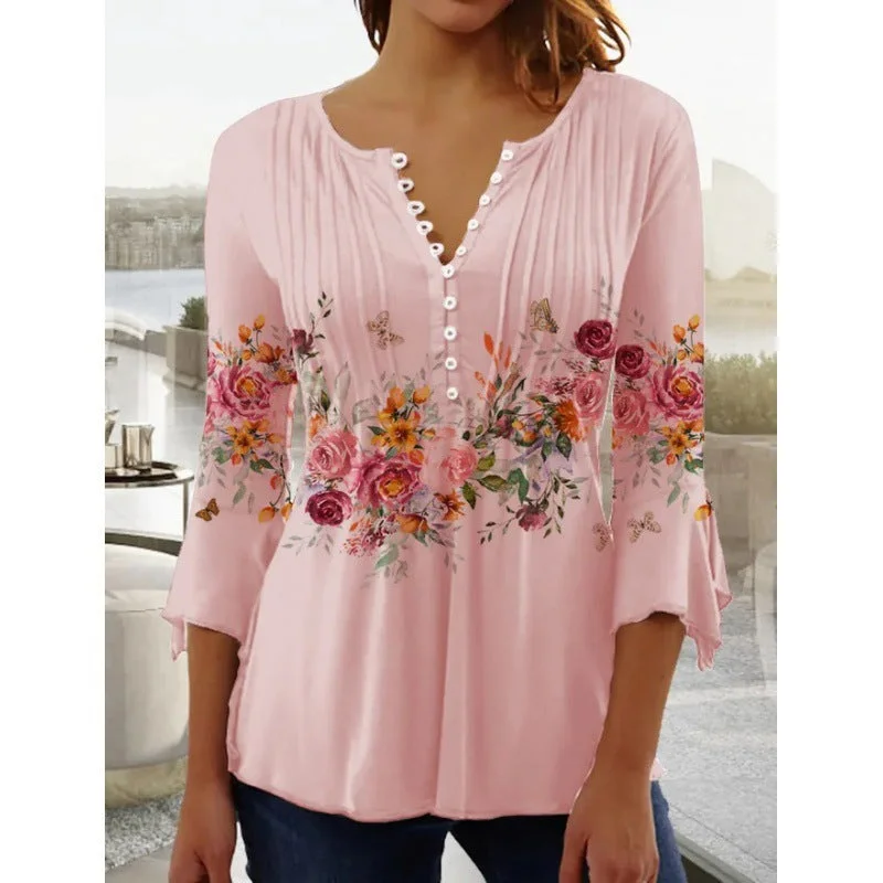 Uveng Wear Floral Printed V-neck Sleeve Pleated Blouses