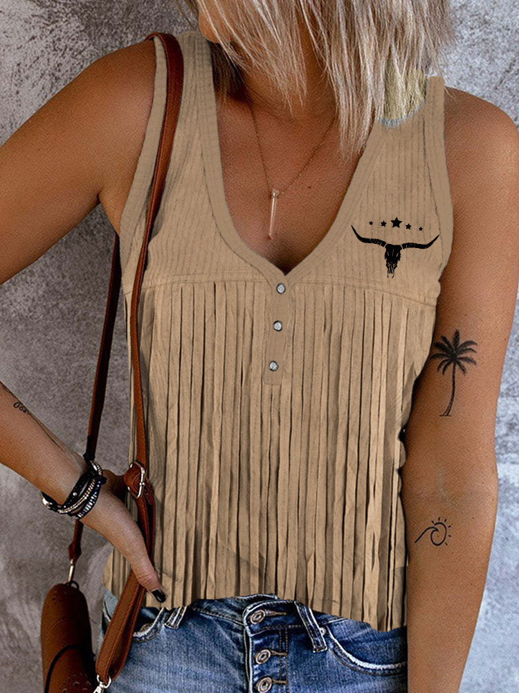 Comstylish Western Vintage Fringe Button Up Comfy Tank Top