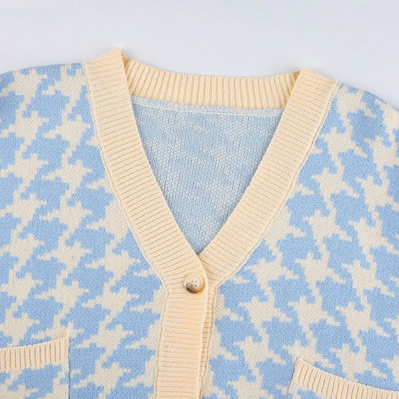 Houndstooth Embroidered Cardigan Crop Tops Women V Neck Vintage Knitted Sweater Casual Autumn Plaid Knitwear Sueter De Mujer