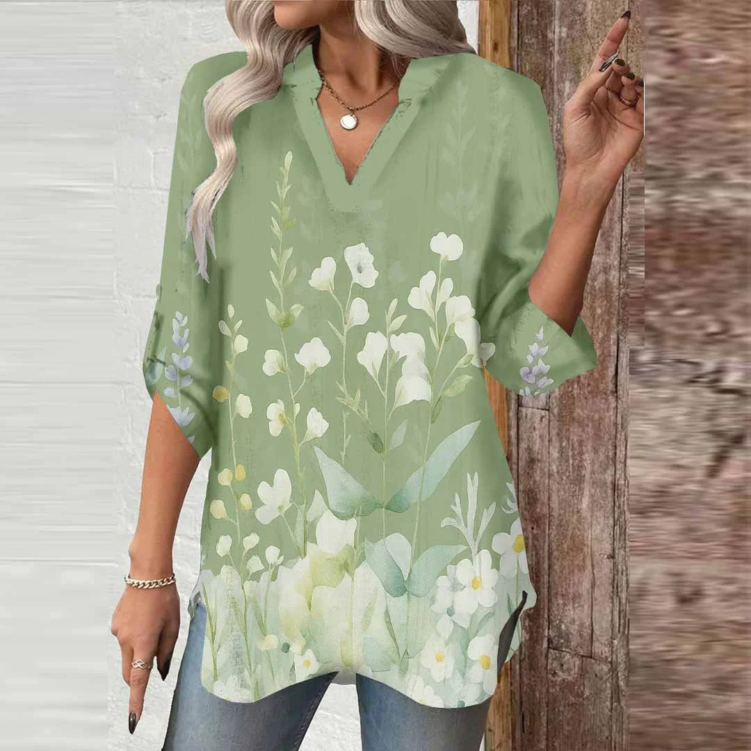 Women Floral,Green,Purple DZGA0630 3/4 Sleeve V-neck Printed Graphic Button Tops
