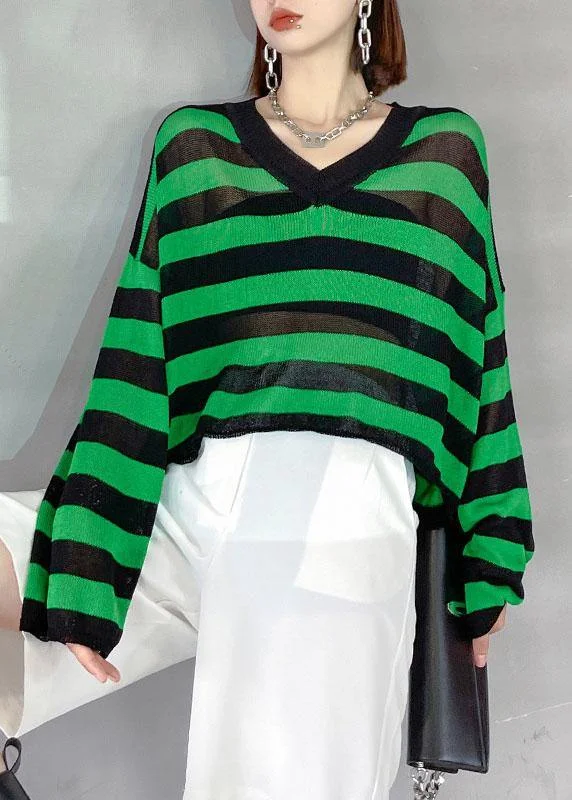 Boho Green Striped V NeckKnit fabric Shirt Summer