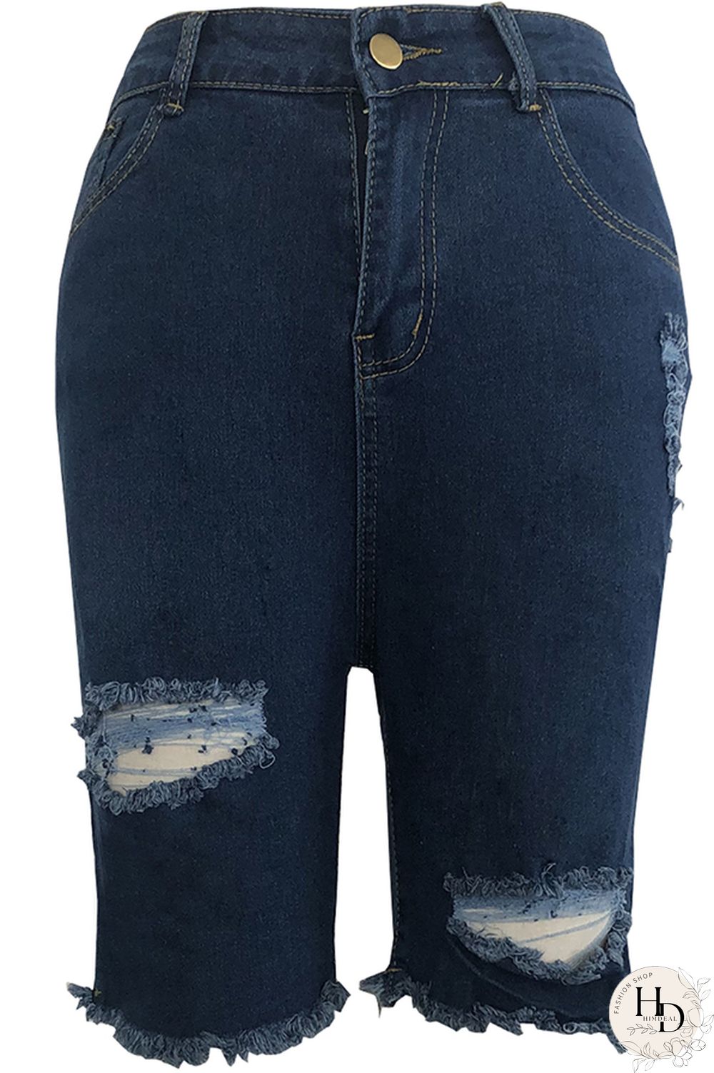 Blue Denim Button Fly Zipper Fly High washing Hole Zippered Pocket Straight shorts Shorts