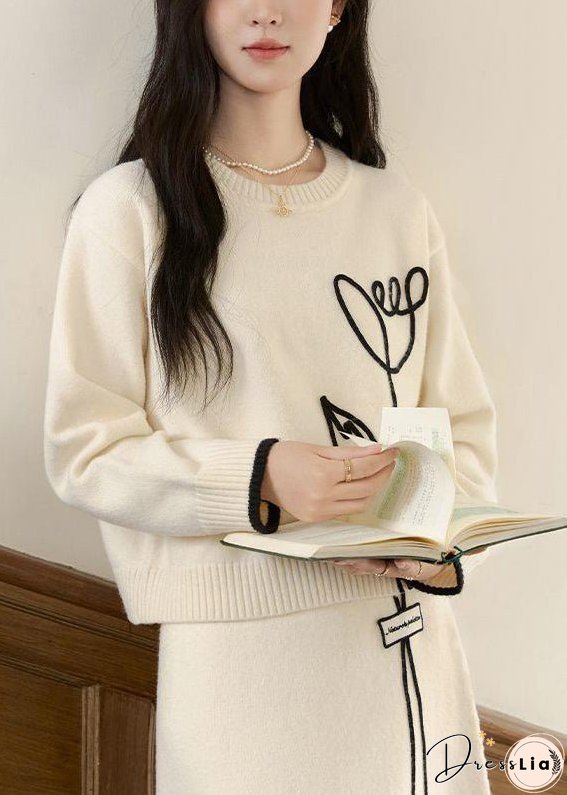 Stylish Beige O Neck Sweaters And Skirts Knit Two Pieces Set Winter