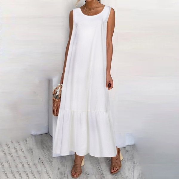 Summer Women Sleeveless Long Dress Ruffled Hem Cotton Linen Party Casual Loose Maxi Dress Plus Size - Shop Trendy Women's Fashion | TeeYours