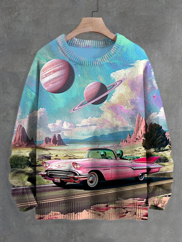 Men's Outer Space Alien Driving Surreal Art Print Knit Sweatshirt