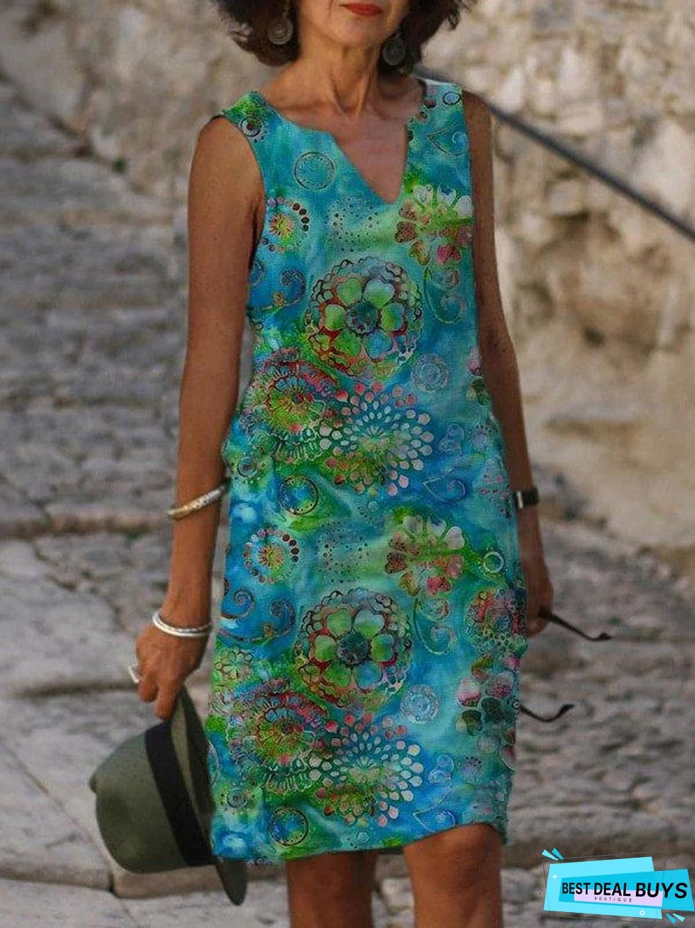 Fashion Beach Style Printed V Neck Sleeveless Midi Dress