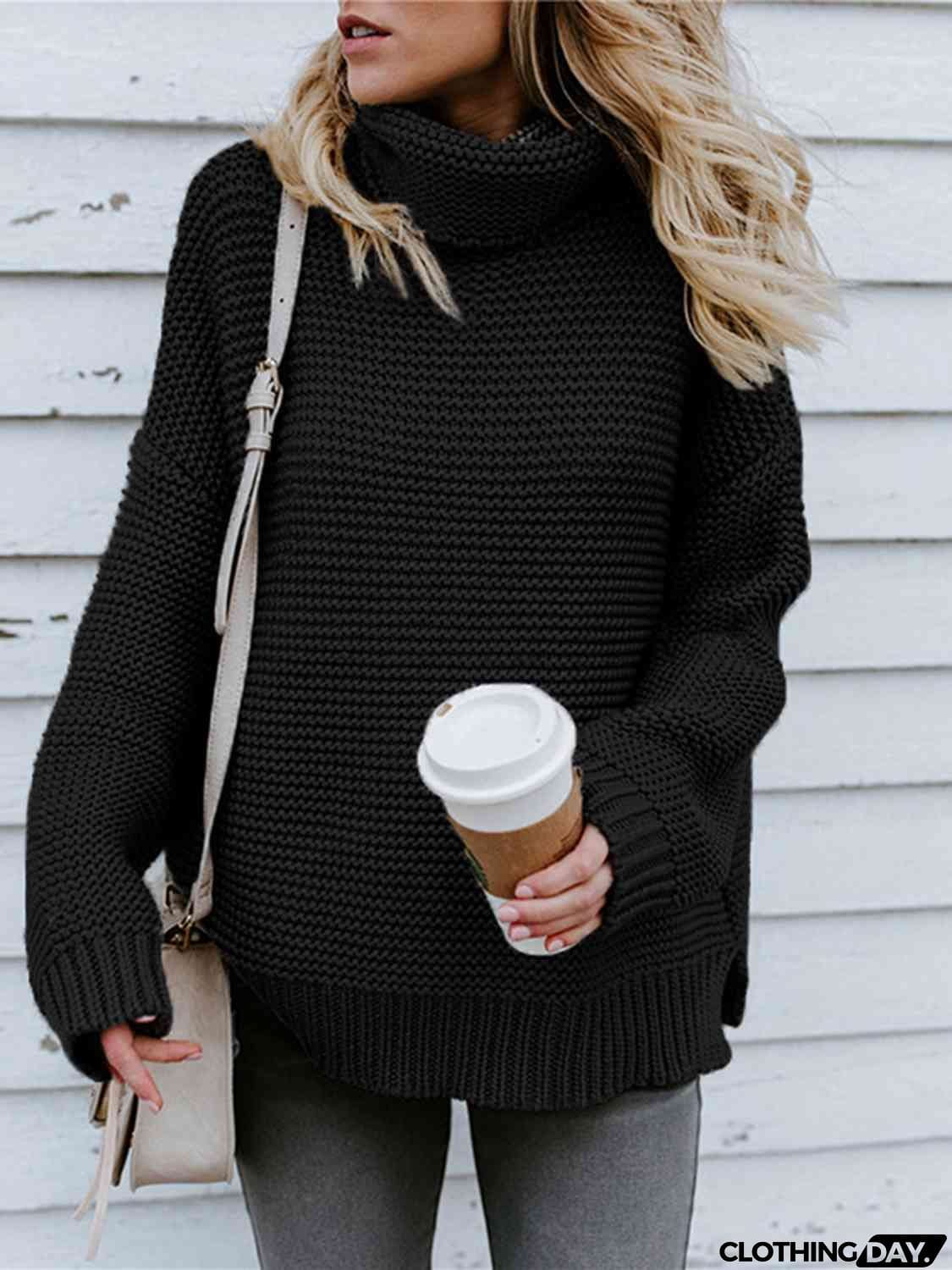 Turtleneck Dropped Shoulder Slit Sweater