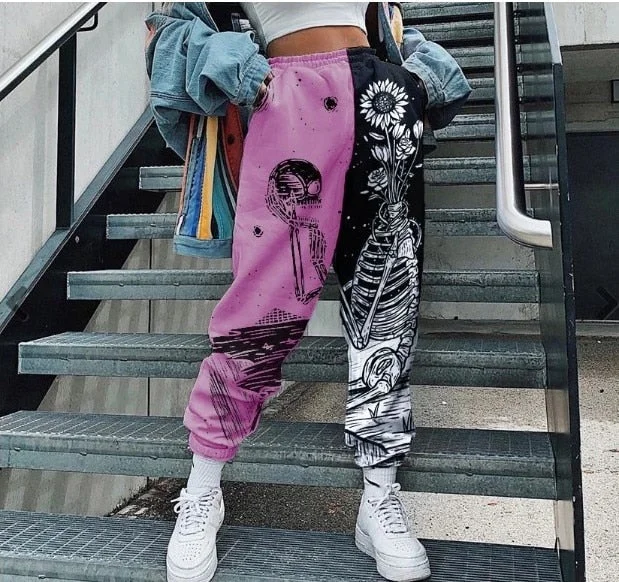 Pants Women Skull Print High Waist Elastic Wide Leg Pants Streetwear Woman Baggy Sweatpants Harajuku Loose Joggers Trousers