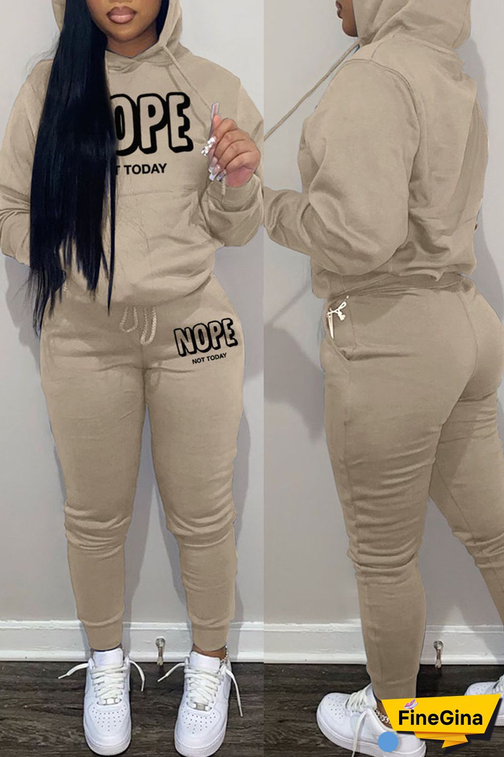 Khaki Casual Print Patchwork Hooded Collar Long Sleeve Two Pieces