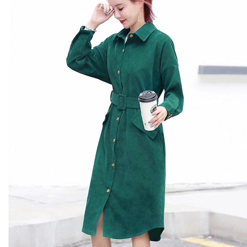 Zoki Vintage Women Corduroy Dress Autumn High Waist Belt Tunic A Line Elegant Party Midi Dress Casual Long Sleeve Pocket Vestido