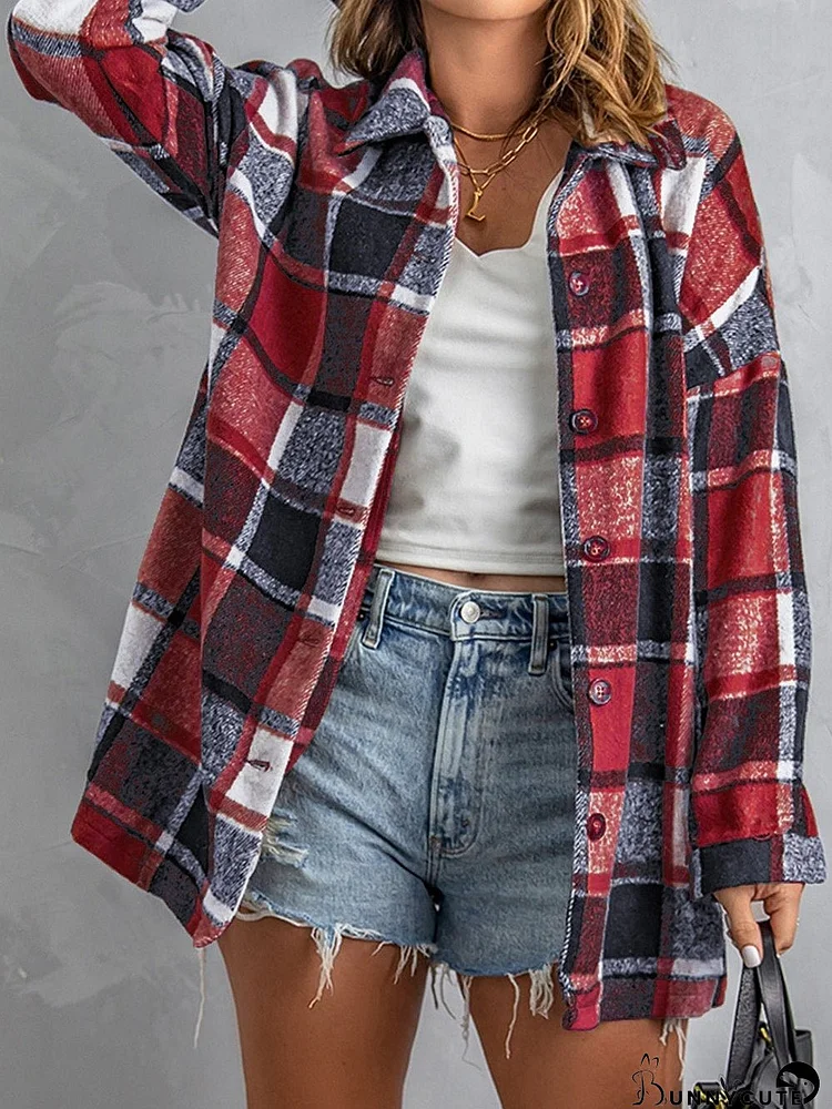 Fiery Orange Plaid Print Button-Up Shirt Jacket