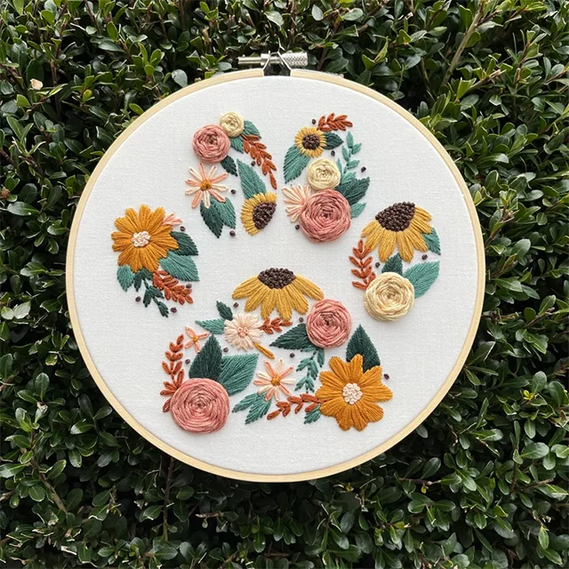 Flower Paw Print Embroidery Pattern Kit