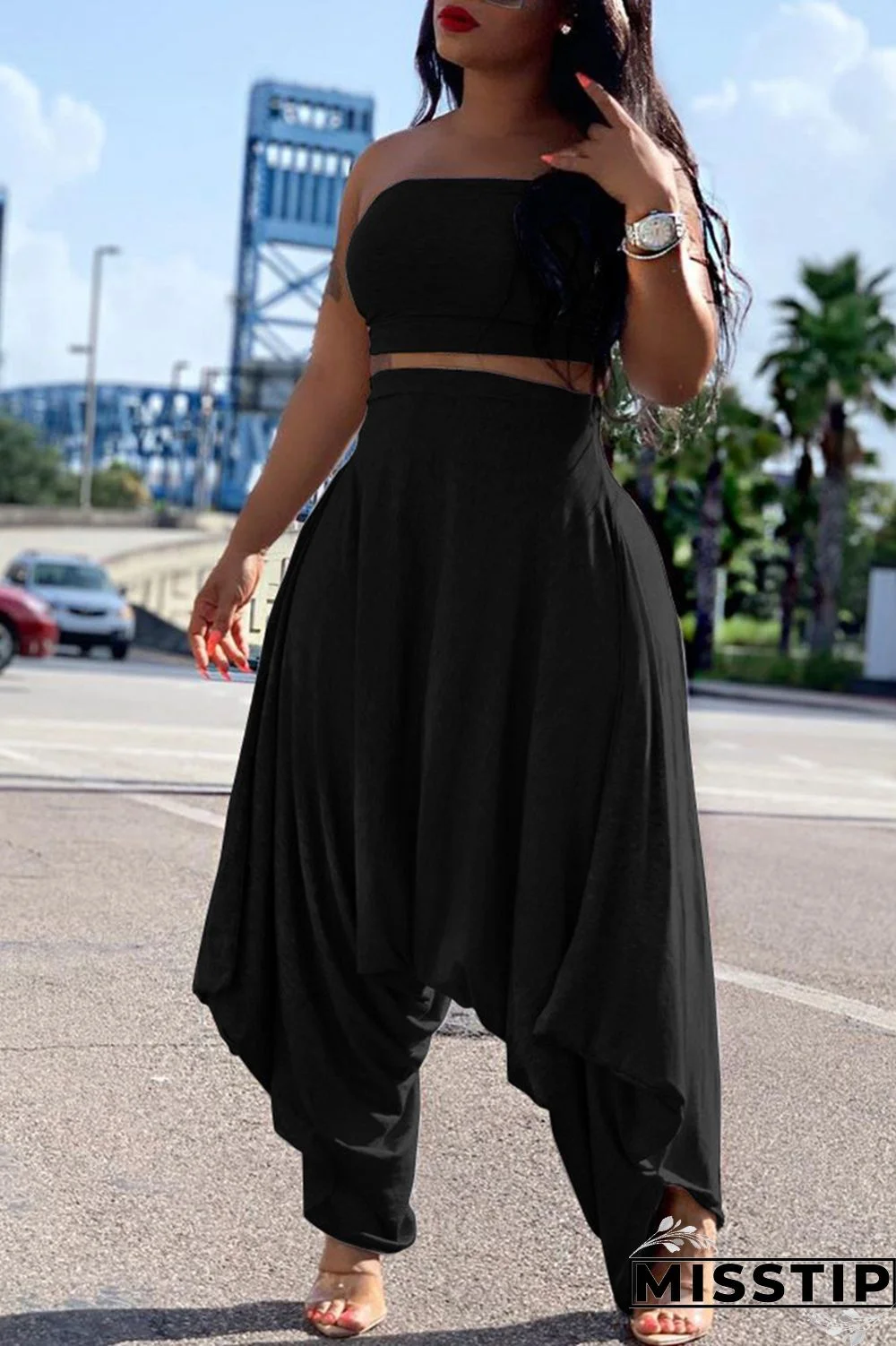 Black Sexy Trendy Solid Loose Two Pieces
