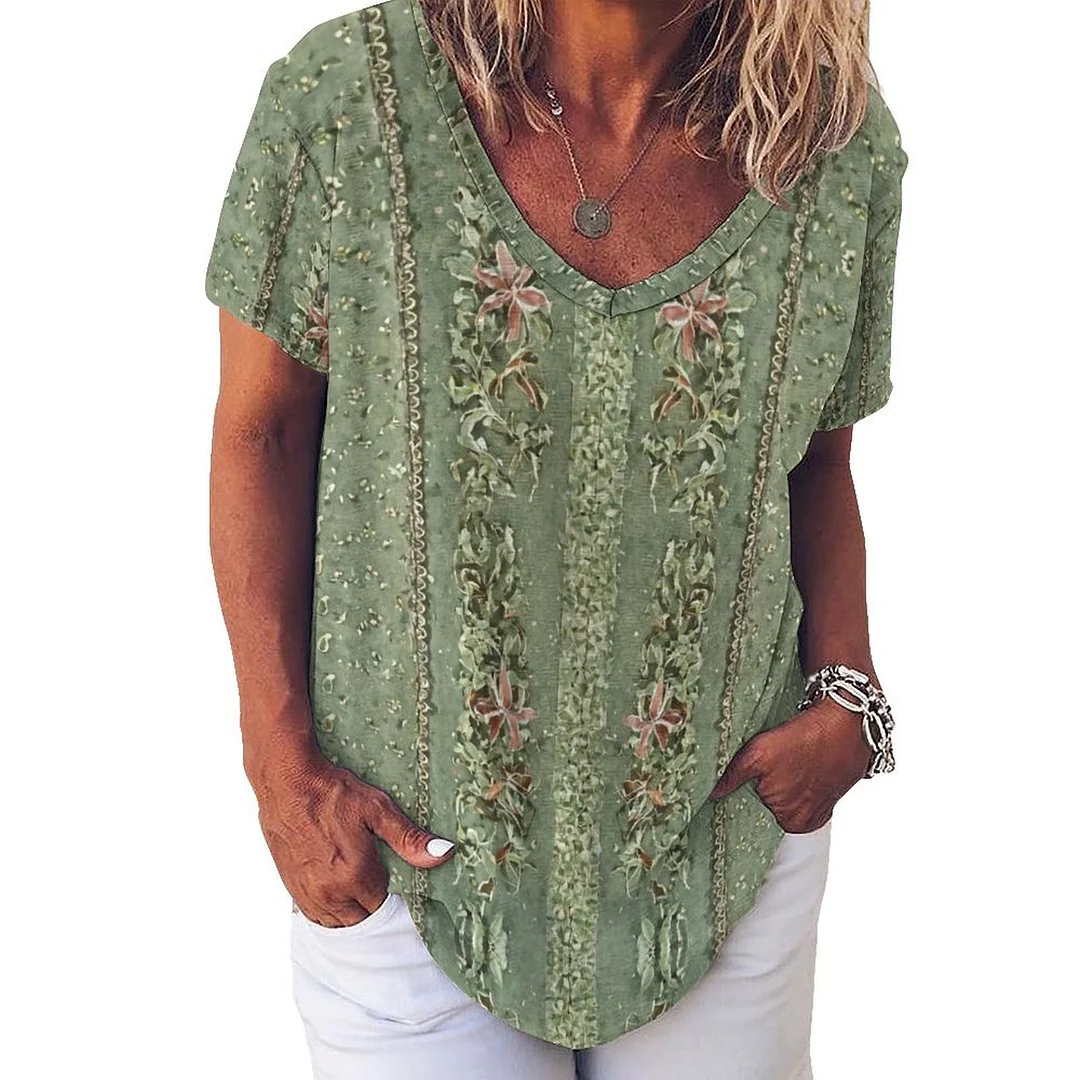 V-neck Short Sleeve Casual T-shirt for  Women Printed with Pattern Green, Floral, Vintage