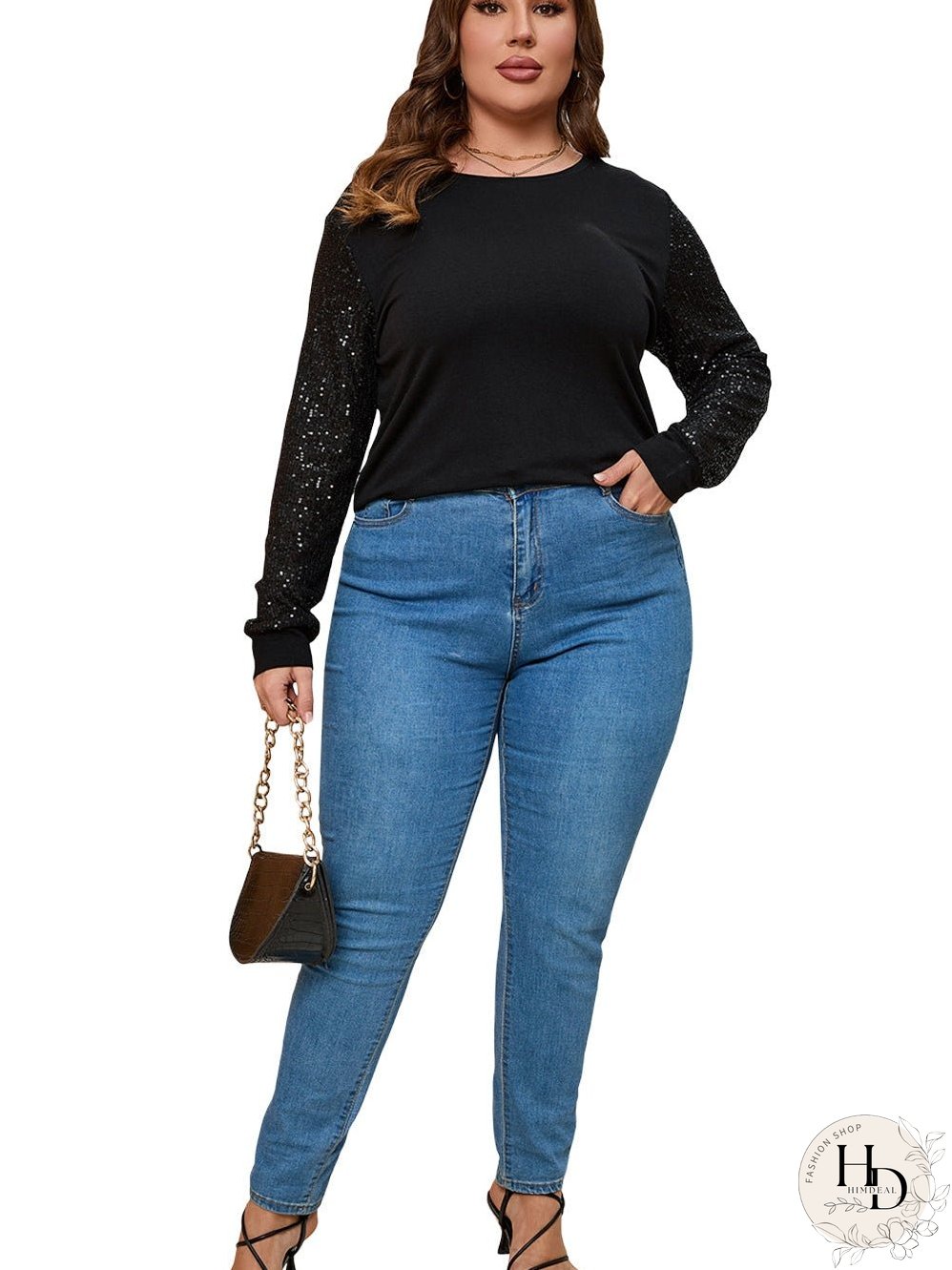 Black Sequin Contrast Long Sleeve Plus Size Top