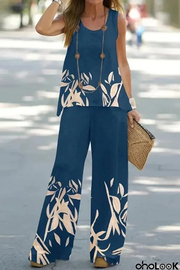 Simply Flourishing Printed Loose Tank and Wide Leg Pants Set