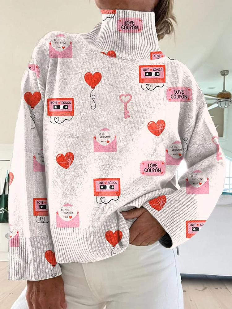 Valentine's Day Vintage Love Art Print Knit Turtleneck Pullover Sweater