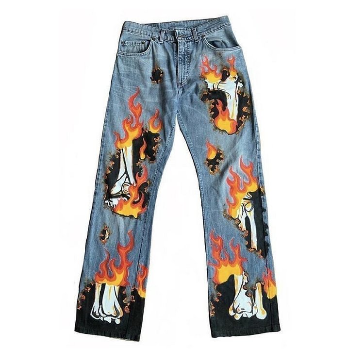 Flaming Bones Print Jeans