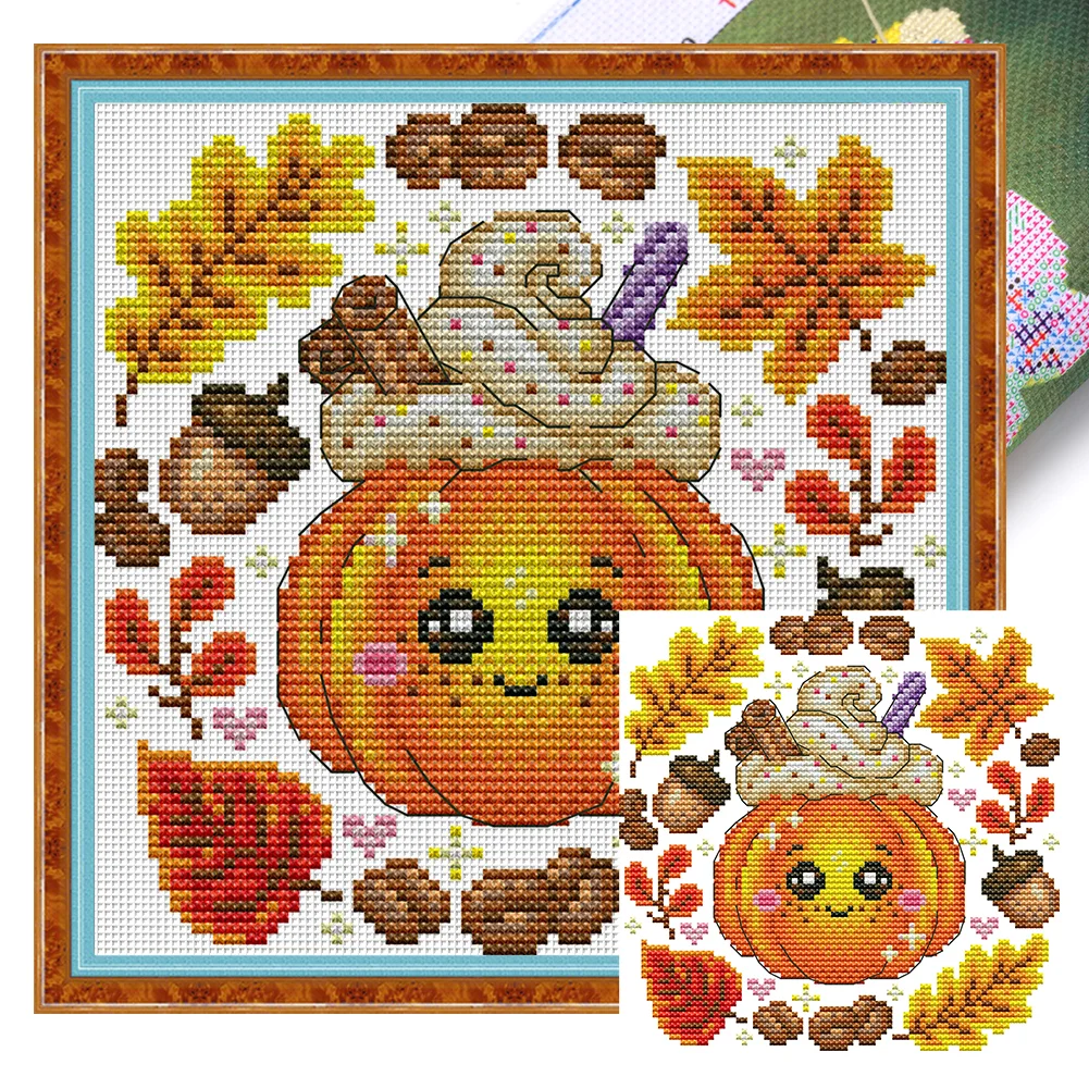 14CT Partial Stamped Cross Stitch Kit - Pumpkin Dessert (19*19CM)  decoration gift Embroidery Stamped Counted Cross Stitch Kit for Kids Adults  Beginners, Needlework Cross Stitch Kits, Art Craft Handy Sewing Set Cross