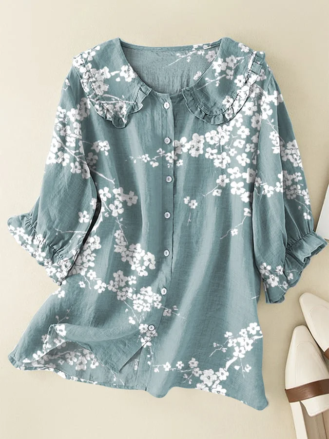 Vintage Floral Cotton and Linen Peter Pan Ruffle Collar Shirt
