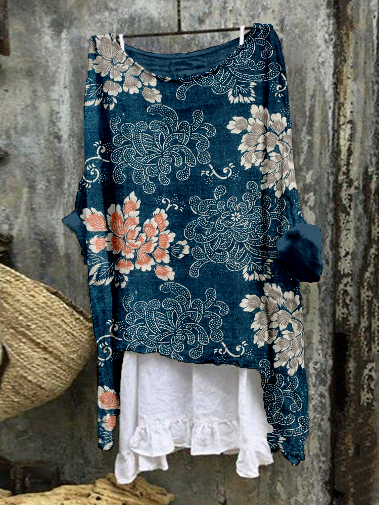 Comstylish Vintage Floral Pattern Linen Blend Flowy Tunic