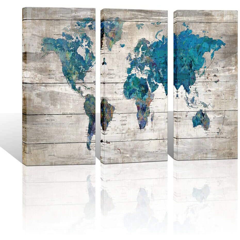 Vintage Retro Blue Watercolor World Map Gray 3 Pcs Paintings for Living Room Office Canvas Posters Wall Art Pictures Home Decor