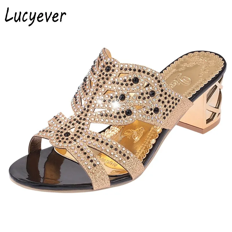 Lucyever 2020 Summer Women's Rhinestones Slippers Slides Fashion Thick High Heels Gladiator Sandals Beach Flip Flops Shoes Woman