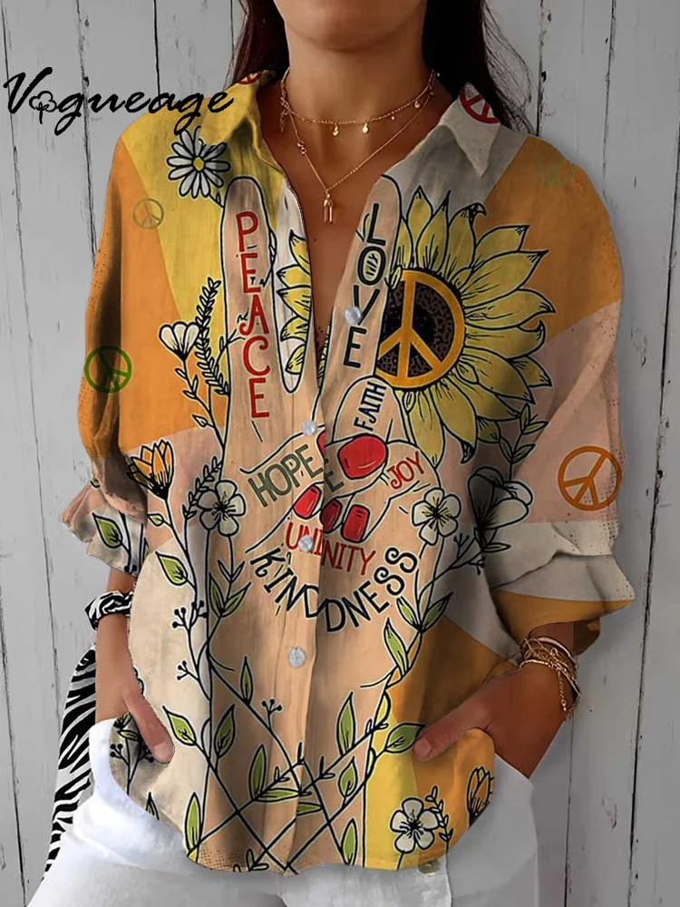 Peace Love Faith Hope Joy Unity Kindness Printed Cotton And Linen Shirt
