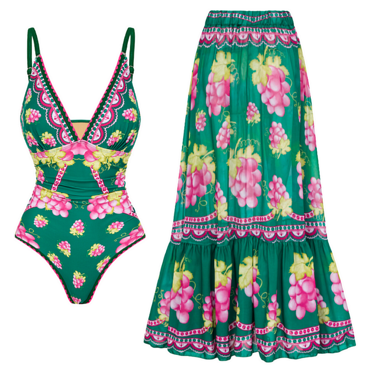 Deep V Retro Green Grapes Print One Piece Swimsuit and Skirt